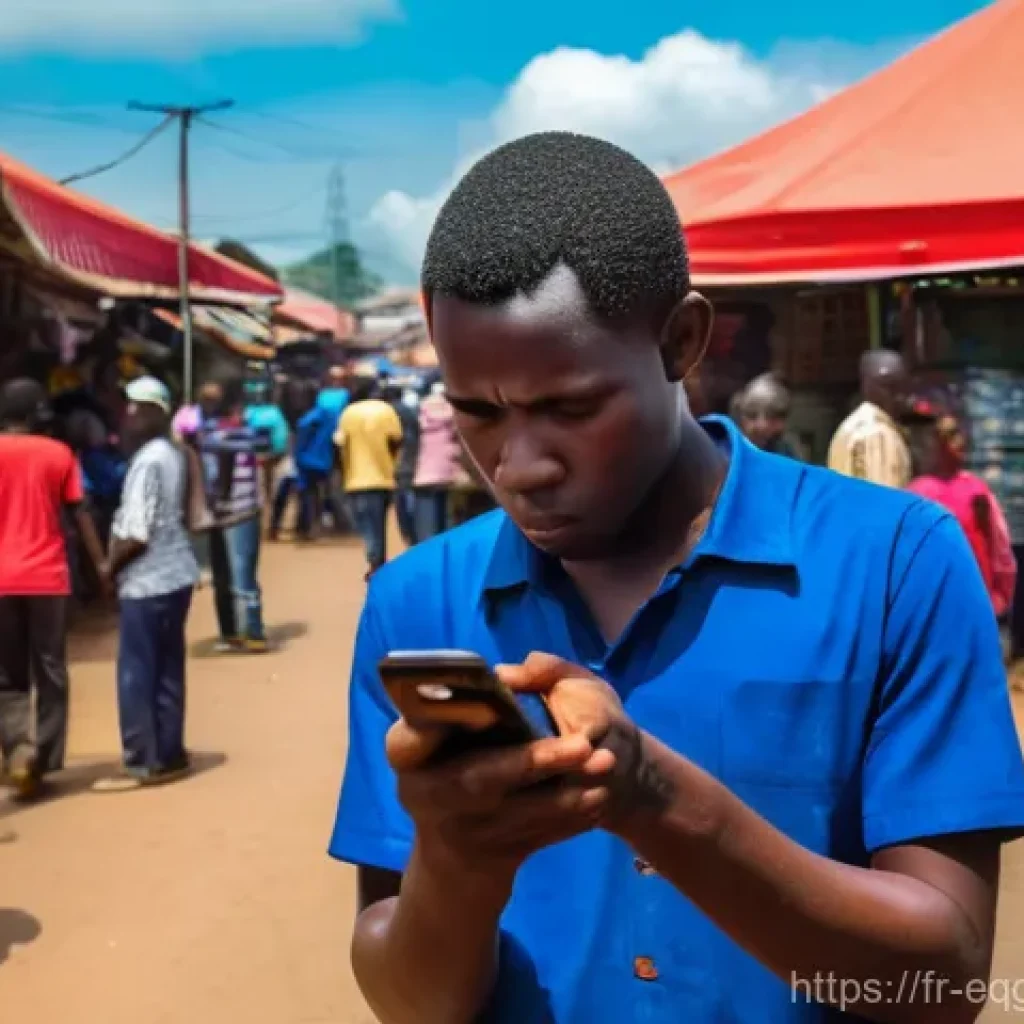 적도 기니에서의 인터넷 사용 환경 - "A person, visibly frustrated, is looking at their smartphone screen in a bustling market square in ...