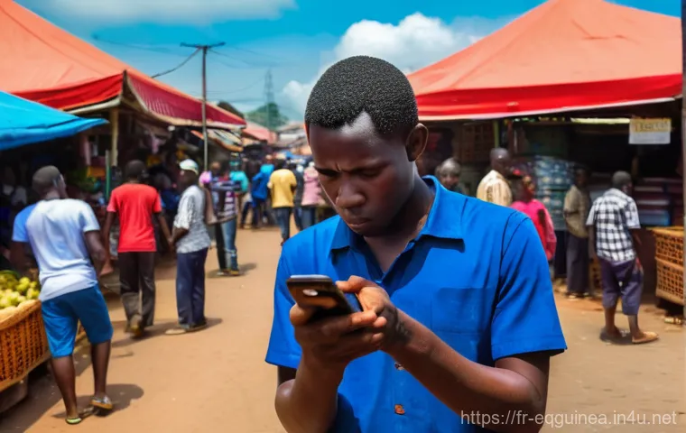 적도 기니에서의 인터넷 사용 환경 - "A person, visibly frustrated, is looking at their smartphone screen in a bustling market square in ...