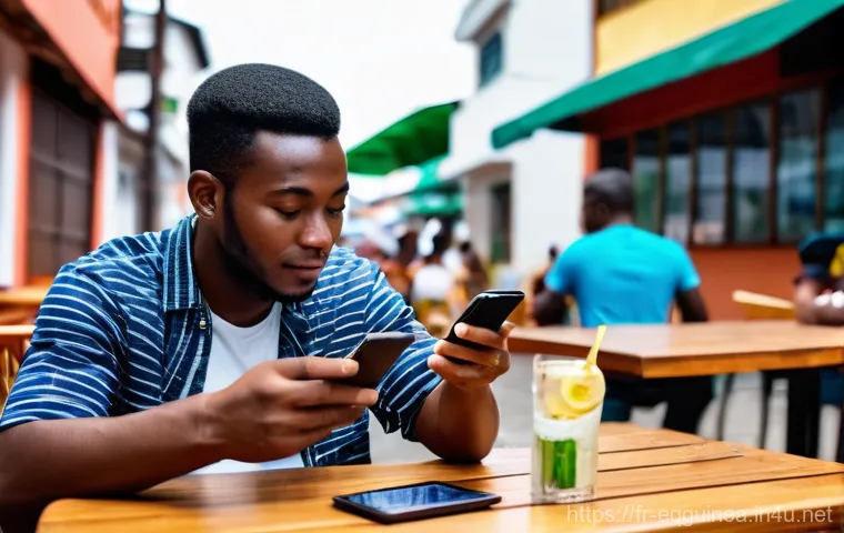 적도 기니에서의 인터넷 사용 환경 - "A person, visibly frustrated, is looking at their smartphone screen in a bustling market square in ...
