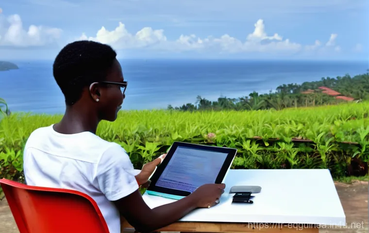 적도 기니에서의 인터넷 사용 환경 - "A young, modern traveler is confidently inserting a local SIM card into their smartphone while sitt...