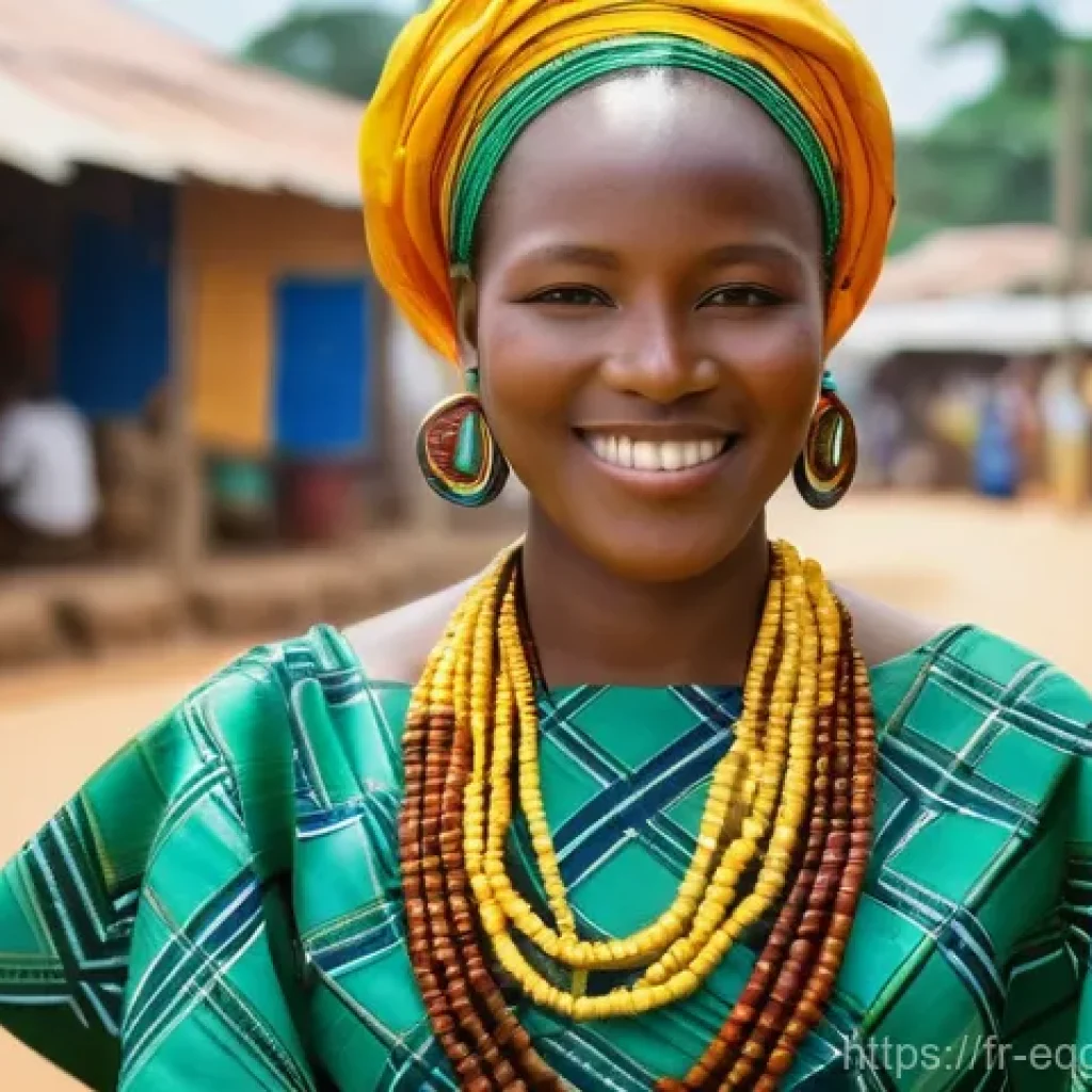 적도 기니의 전통 의상과 그 의미 - **Vibrant Equatorial Guinean Woman in Traditional Attire:** A close-up, waist-up portrait of a proud...