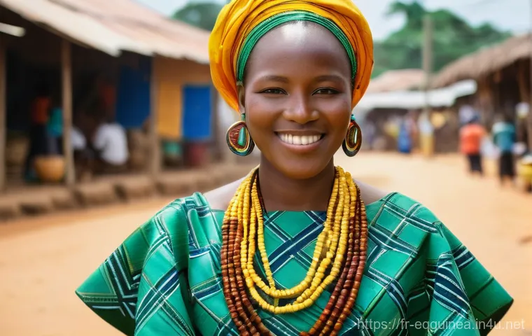 적도 기니의 전통 의상과 그 의미 - **Vibrant Equatorial Guinean Woman in Traditional Attire:** A close-up, waist-up portrait of a proud...