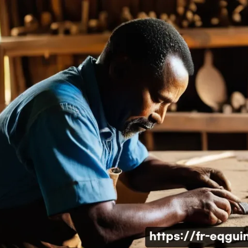 적도 기니의 전통 직물과 수공예품 - **Prompt:** A focused, adult male artisan, with kind eyes and hands marked by his craft, meticulousl...