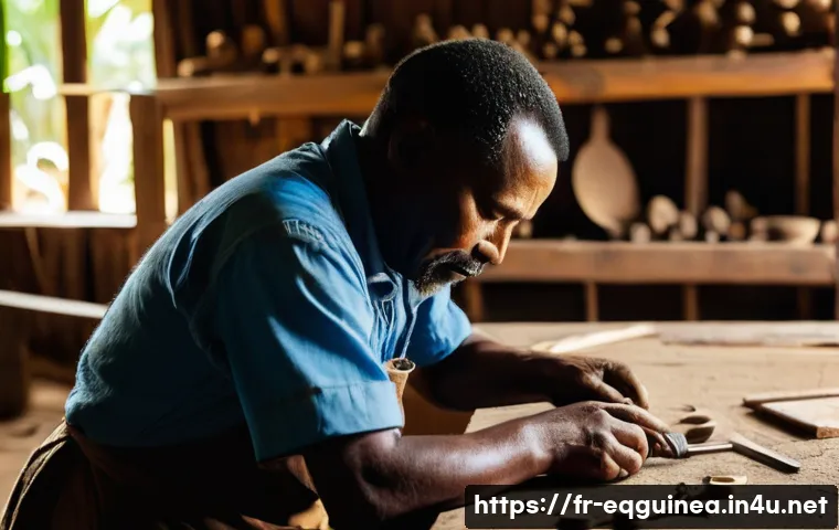 적도 기니의 전통 직물과 수공예품 - **Prompt:** A focused, adult male artisan, with kind eyes and hands marked by his craft, meticulousl...