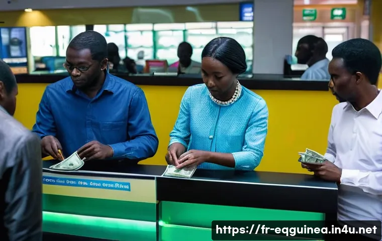 적도 기니에서 사용하는 화폐 및 환율 정보 - **A bustling scene at a bank's currency exchange counter in Malabo, Equatorial Guinea.** Several loc...