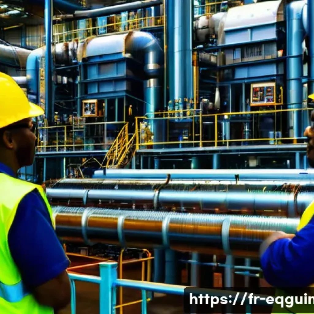 적도 기니의 노동법 및 근로 환경 - A detailed scene inside a large international oil refinery in Equatorial Guinea, showing diverse wor...