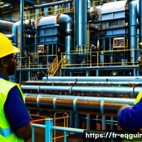 적도 기니의 노동법 및 근로 환경 - A detailed scene inside a large international oil refinery in Equatorial Guinea, showing diverse wor...