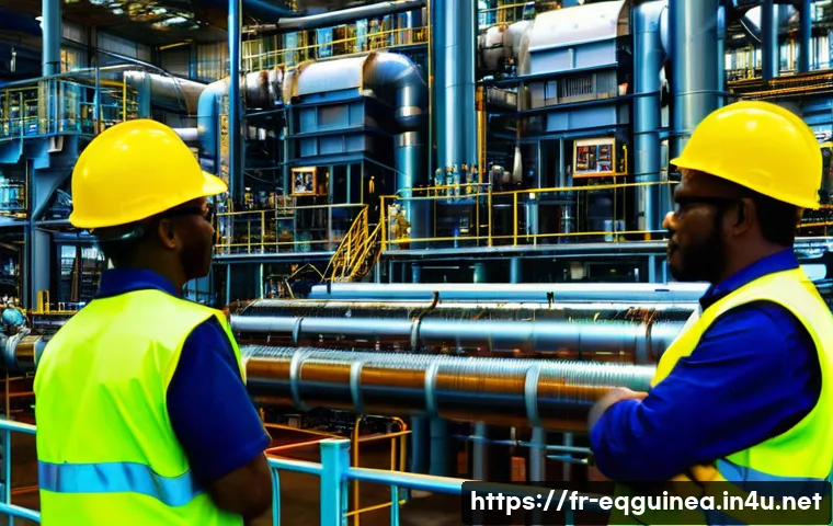 적도 기니의 노동법 및 근로 환경 - A detailed scene inside a large international oil refinery in Equatorial Guinea, showing diverse wor...