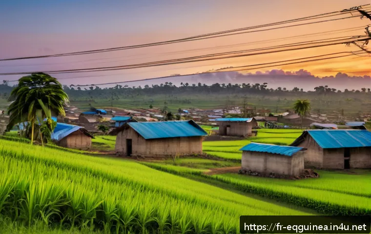 적도 기니의 전기 및 통신 인프라 - A vibrant rural village in Equatorial Guinea at dusk, newly electrified with visible electrical pole...