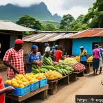 적도 기니에서 신용카드 사용 가능 여부 - A bustling street market scene in a rural village of Equatorial Guinea during daytime, showing local...