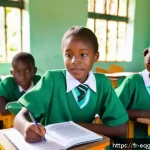 Home 23 적도 기니 내 NGO 활동 - A vibrant rural school scene in Equatorial Guinea showing a renovated classroom with solar panels on...