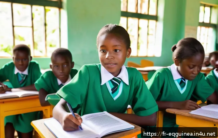 적도 기니 내 NGO 활동 - A vibrant rural school scene in Equatorial Guinea showing a renovated classroom with solar panels on...