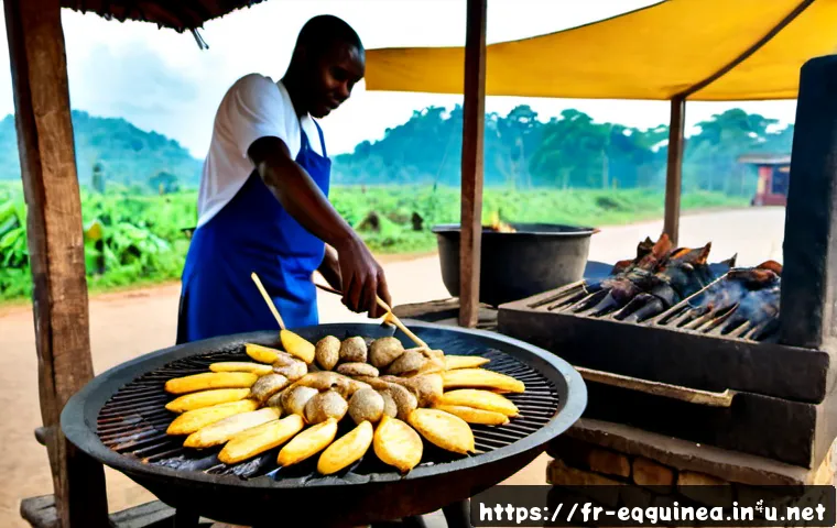 적도 기니에서 먹을 수 있는 거리 음식 - Photorealistic street food scene in Malabo, Equatorial Guinea: a friendly local vendor grilling fres...