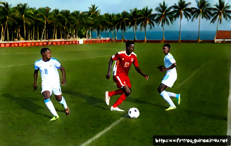 적도 기니의 대표적인 스포츠 - Photorealistic football match in Equatorial Guinea, young adult players in plain red, white, and gre...